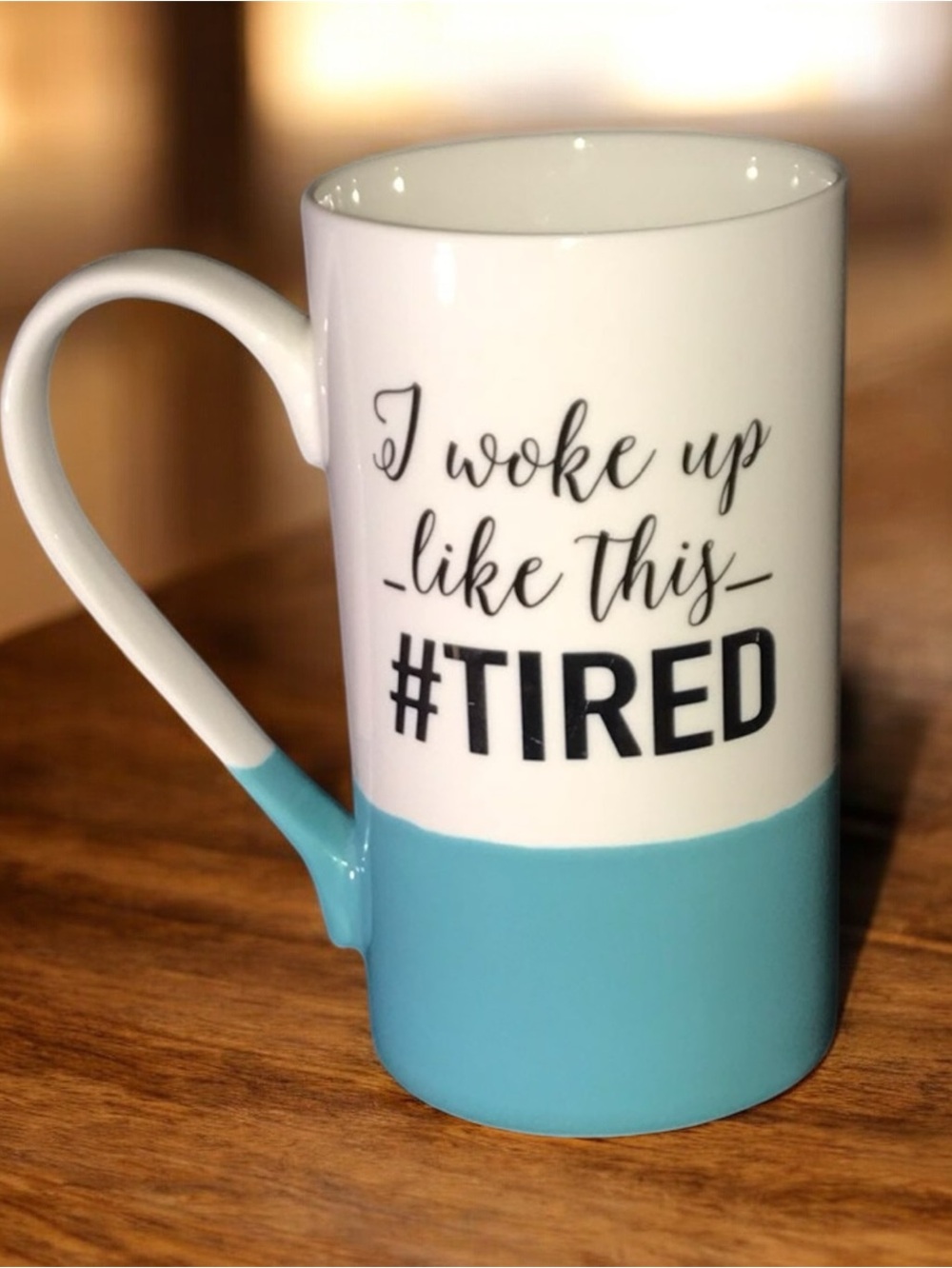 #TIRED Ceramic Coffee Mug in White and Light Blue